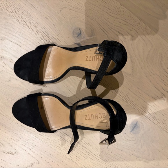 SCHUTZ Shoes - SCHUTZ Black Suede Open-Toe Ankle Strap Heels